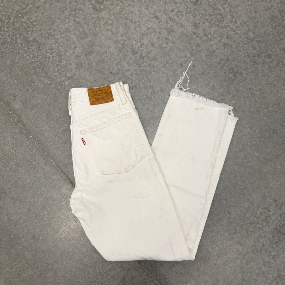 BIg E Levis Premium Wedgie Straight White Distressed High Rise Jeans 25 Raw Hem